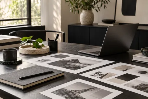 An understated design workspace with print samples and laptop.